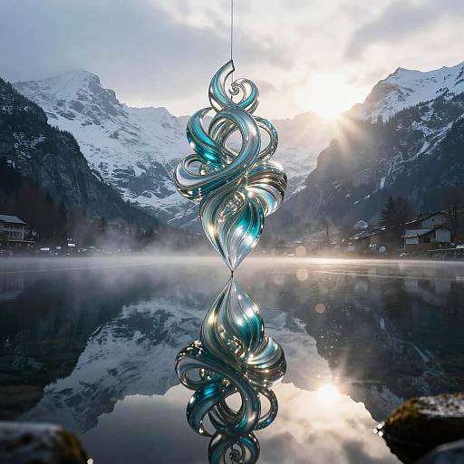 Levitating Fractal Glass Sculpture Over Lake