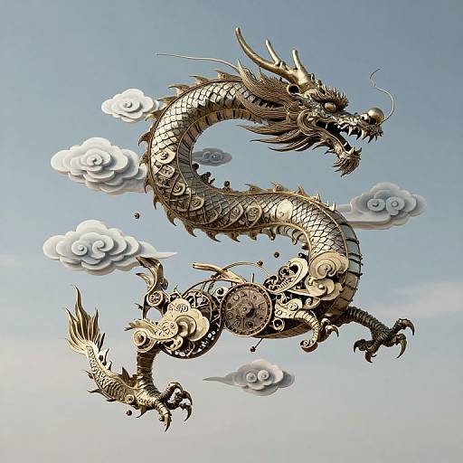 Digital illustration of a silver, intricately detailed Chinese dragon with ornate scales, curled in mid-air, surrounded by white, fluffy clouds against a blue