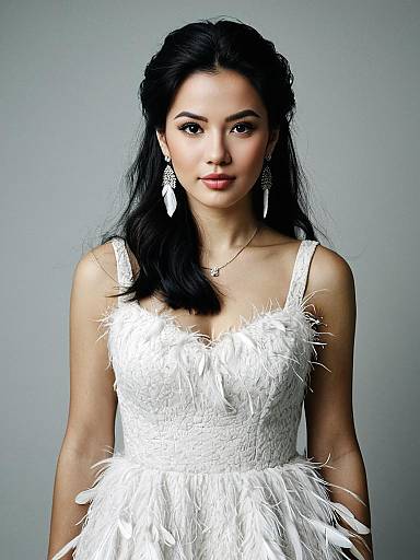 Elegant Woman in White Feather Dress