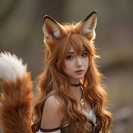 Photorealistic digital artwork of an anime-style young woman with long auburn hair, fox ears, and tail, wearing a black choker and