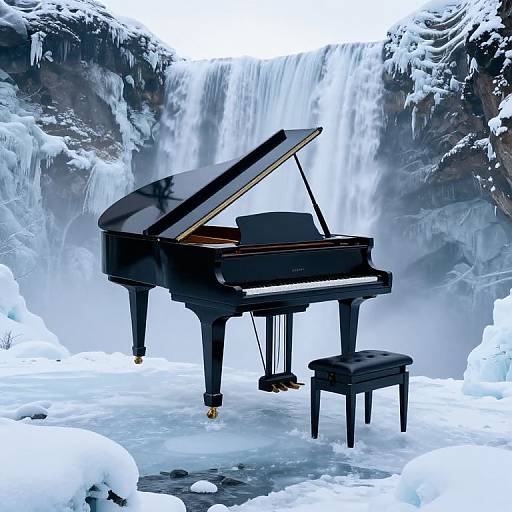 Photograph of a black grand piano with an open lid, standing on snow-covered ice in front of a cascading waterfall.