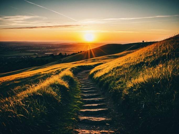 Serene Digital Sunset Over a Grassy Hill