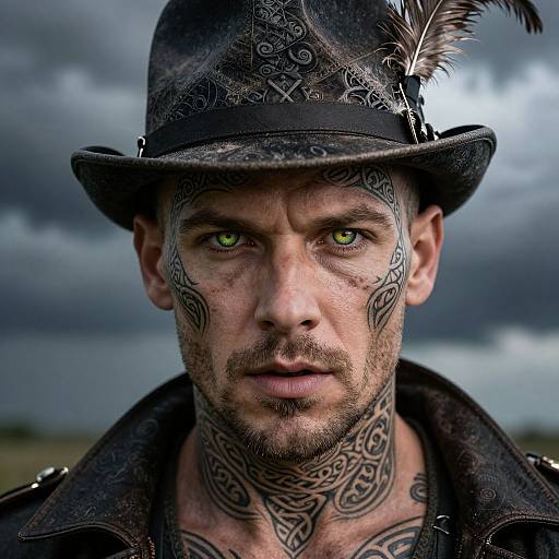 Photograph of a tattooed, bearded man with green eyes, wearing a black, feather-adorned hat, and dark leather jacket, under