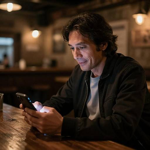 Middle-aged Man with Glowing Phone in Bar