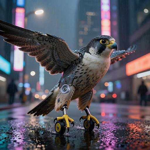 Bionic Falcon in Cyberpunk Cityscape
