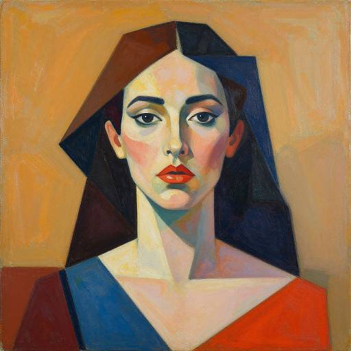 Stylized oil painting of a woman with red lips, black hair, and blue-red attire, set against a warm, orange background.