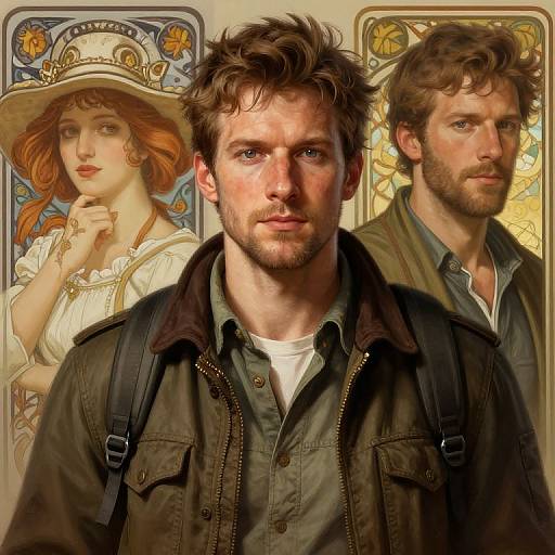 Digital artwork of three people: a red-haired woman in a hat, and two bearded men in front, with Art Nouveau-style backgrounds.