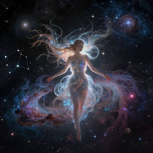 Digital artwork of a glowing, ethereal woman with flowing hair, floating in space surrounded by cosmic clouds and stars.