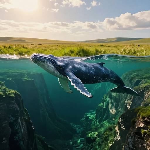 Whale Gliding Through Surreal Landscape