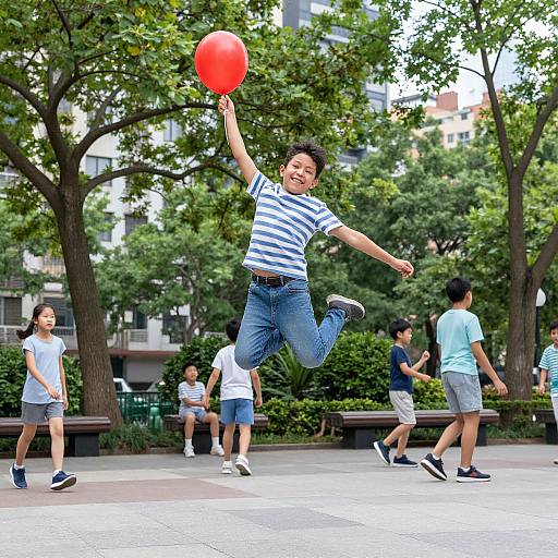 Photograph of Asian man in striped shirt, jeans, mid-jump, catching red frisbee in park, surrounded by casually dressed children.