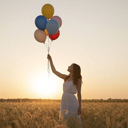 Woman with Balloons in Golden Field