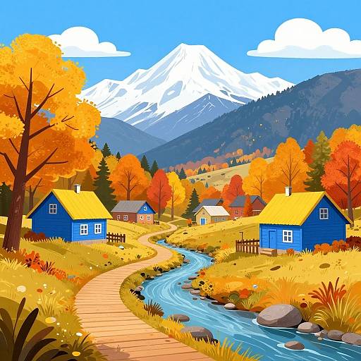Autumn Mountain Village Digital Illustration