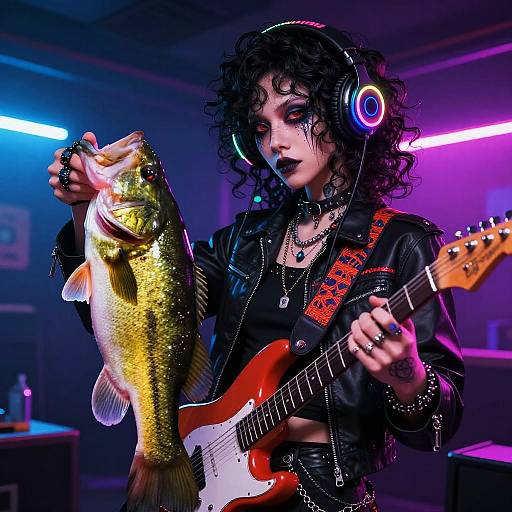 Photograph of a curly-haired, gothic rock musician with black lipstick, holding a large golden fish, playing a red electric guitar in a neon-l