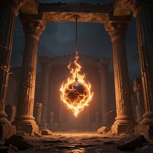 Photograph of a fiery, spherical flame suspended by a chain in a dark, ruined ancient temple with crumbling stone columns.