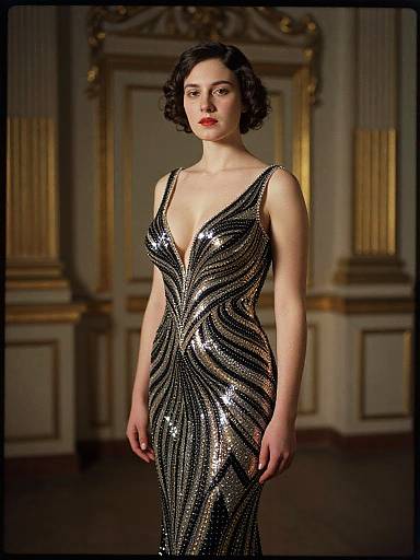 Photograph of a fair-skinned woman with short, dark curly hair wearing a shimmering, black and silver sequined, deep V-neck gown,