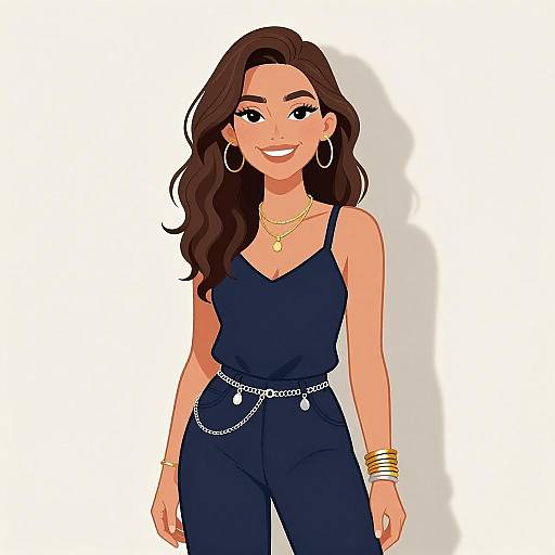 Digital illustration of a smiling woman with long brown hair, wearing a navy blue spaghetti-strap jumpsuit, gold jewelry, and hoop earrings.
