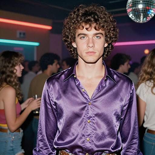 Young Man in Purple Satin Shirt at Disco Club