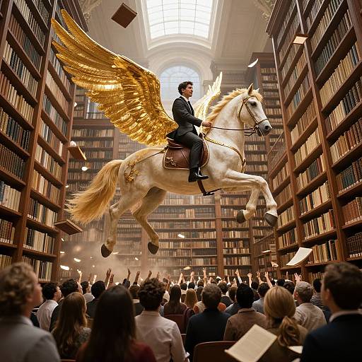 Photograph of a man in a black suit riding a white horse with golden wings, flying over a crowd in a grand library. Books line towering shelves