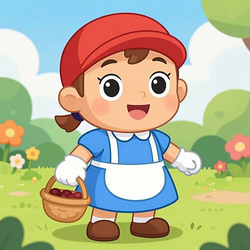 Cartoon-style drawing of a cheerful child with a red cap, blue dress, white apron, holding a basket of cherries in a vibrant,