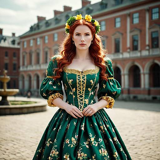 Red-haired Woman in 19th Century Green Floral Dress