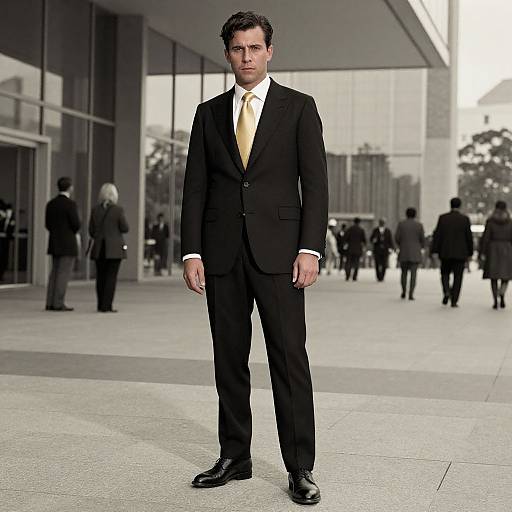 Photograph of a serious, dark-haired man in a black suit, white shirt, and yellow tie, standing in a modern glass building lobby with blurred