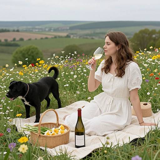Serene Picnic with Wine and Dog