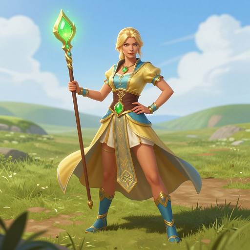 Digital art of a blonde, fair-skinned female warrior in gold and green armor, holding a glowing staff, standing confidently in a sunny, grassy