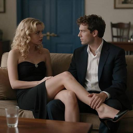 Man and Woman in Intense Conversation on Couch