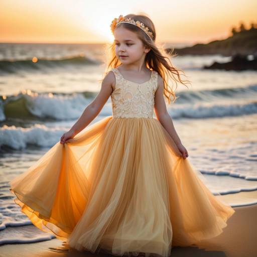 Toddler Girl in Aureate Tulle Dress by Ocean at Sunset