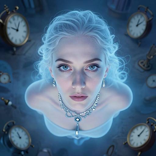 Photograph of a glowing, blue-illuminated woman with silver hair, blue eyes, pearl necklace, and earrings, looking up at antique clocks