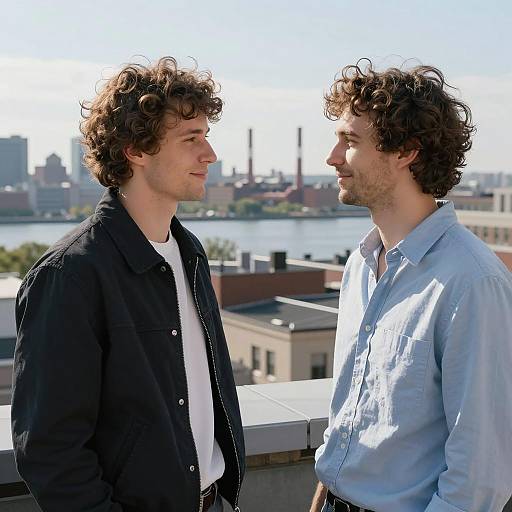 Two men facing each other on rooftop