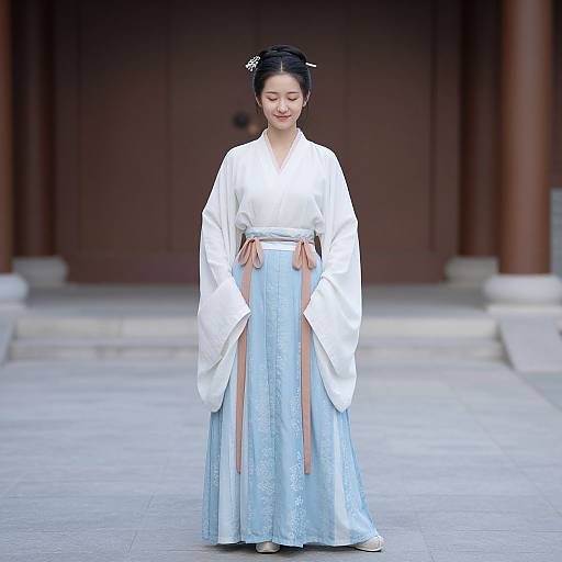 Photograph of a smiling East Asian woman in traditional white hanbok with long sleeves and light blue, flowing skirt, standing in front of a wooden
