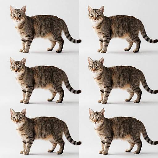 Photograph of six tabby cats with striped fur, white background, standing in a grid pattern, each showing different poses.