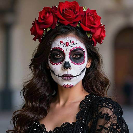 Photograph of a woman with white face paint, black eye makeup, red floral skull design, wearing a red rose crown, black lace dress, and