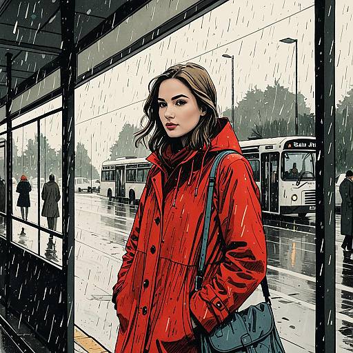 Young Woman in Red Raincoat at Bus Stop