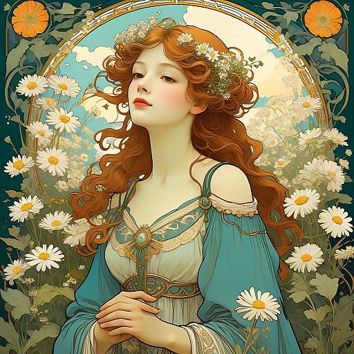 Art Nouveau Woman in Daisy Garden