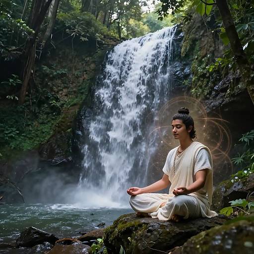Photograph of a young man with dark hair in a white traditional robe, meditating by a cascading waterfall in a lush, green forest.
