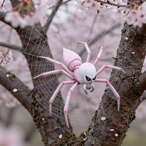 Photograph of a white, pink-spined spider with a skull-like face in a web, set against a backdrop of blooming cherry blossoms and
