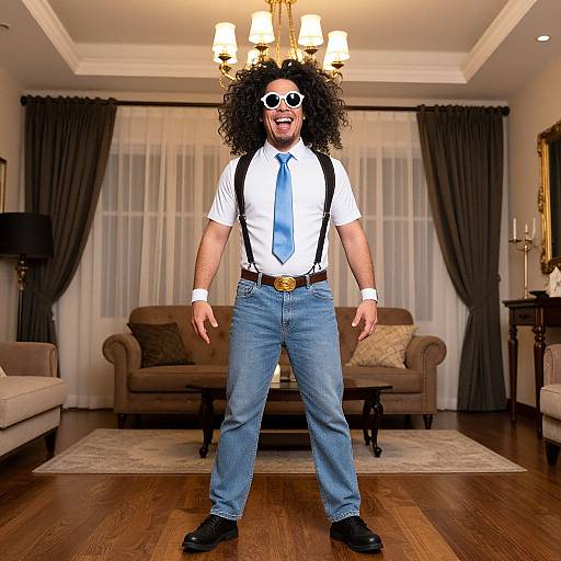 Photograph of a man with curly black hair, sunglasses, white shirt, blue tie, jeans, and suspenders, standing in a living room with