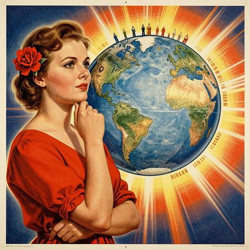 Vintage-style illustration of a fair-skinned woman with red rose in hair, red dress, contemplating Earth with small people standing on it, surrounded by radiant