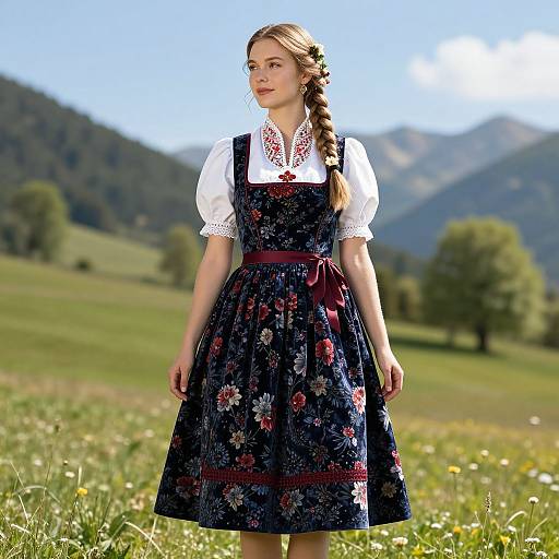Young woman with braided hair in a floral-patterned blue dress, white puffed sleeves, standing in a sunny meadow with mountains. Photograph.