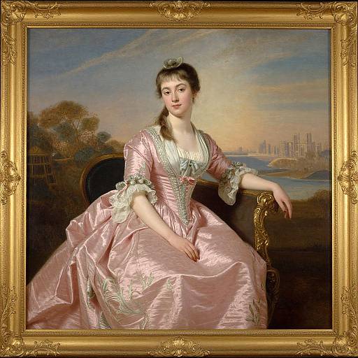 18th-century oil painting of a fair-skinned woman in a pink, satin gown with green trim, seated against a landscape backdrop, in an orn