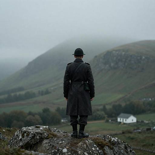 Somber Soldier in Misty Landscape