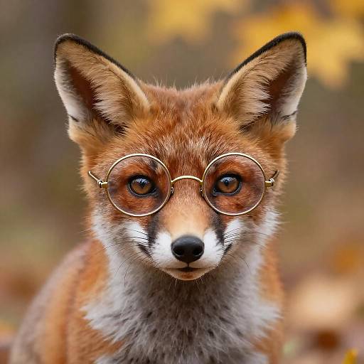 Photograph of a fox with reddish-brown fur, white face, and black-tipped ears, wearing round gold-rimmed glasses, set