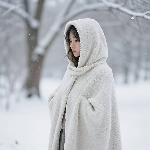 Photograph of a young Asian woman in a fluffy white hooded coat, standing in a snowy, tree-filled forest, with a serene expression.