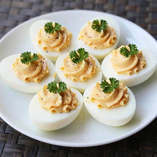 Photograph of six deviled eggs on a white plate, each topped with a dollop of creamy yellow filling and a sprig of parsley, set