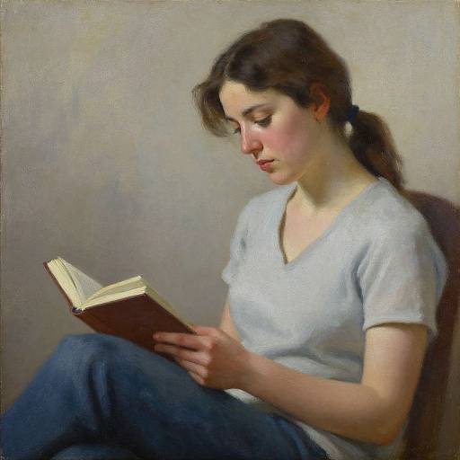 Realistic oil painting of a young woman with fair skin, brown hair in a ponytail, wearing a white shirt and blue jeans, reading a book