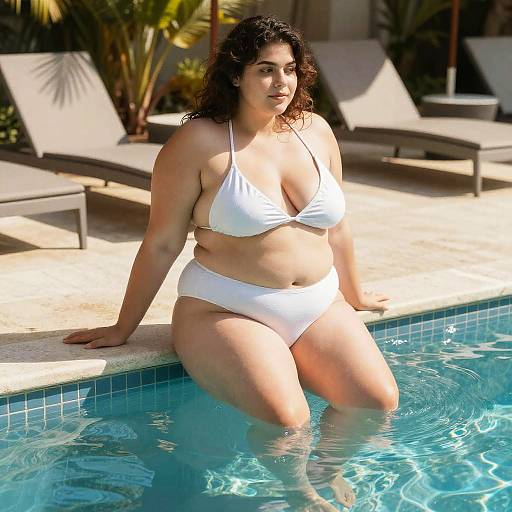 Photograph of a curvy, dark-haired woman with fair skin, wearing a white bikini, sitting at the pool's edge, sunlight highlighting her body