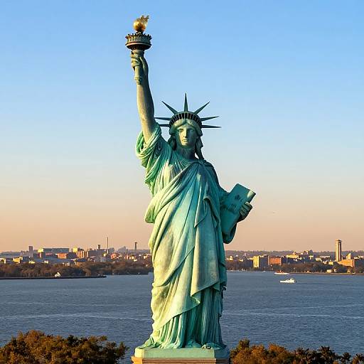 Photograph of the Statue of Liberty with raised torch, standing on a rocky outcrop, against a clear blue sky and Manhattan skyline in the background.