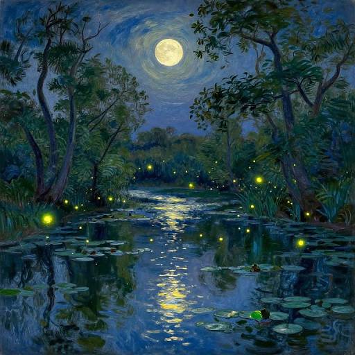 Nighttime painting of a moonlit forest pond, illuminated by glowing fireflies, reflected in the water with lily pads and trees.